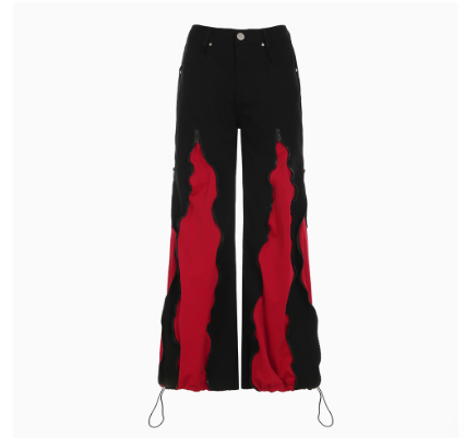 Black pants with red flame patterns on a white background